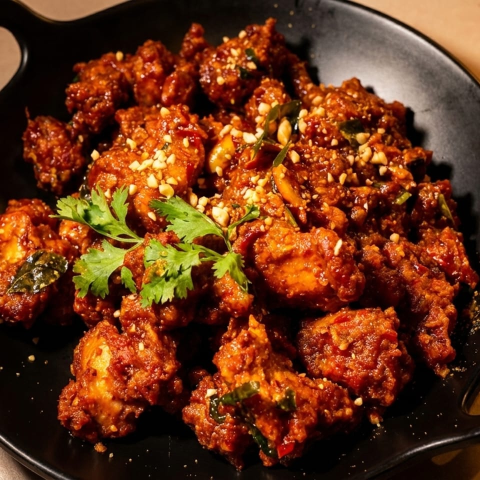A black plate filled with spicy fried chicken, garnished with cilantro and chopped nuts.