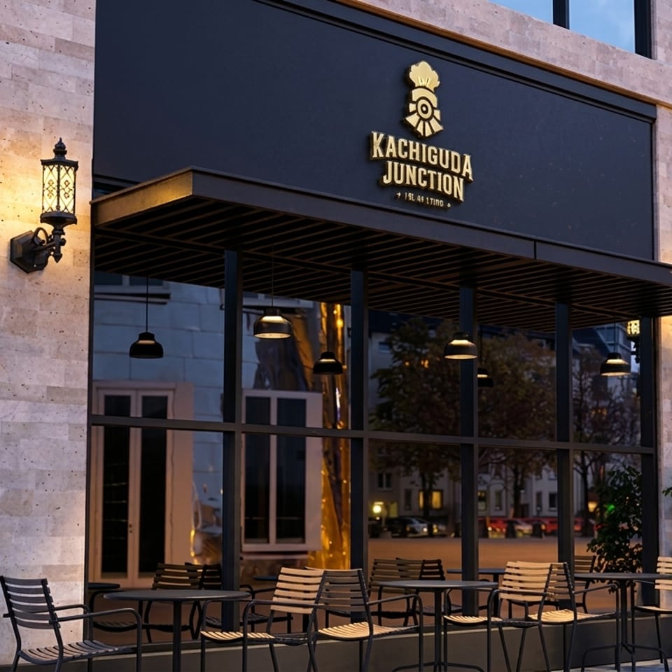 Exterior of Kachiguda Junction restaurant with outdoor seating, large windows, and a black and gold sign.