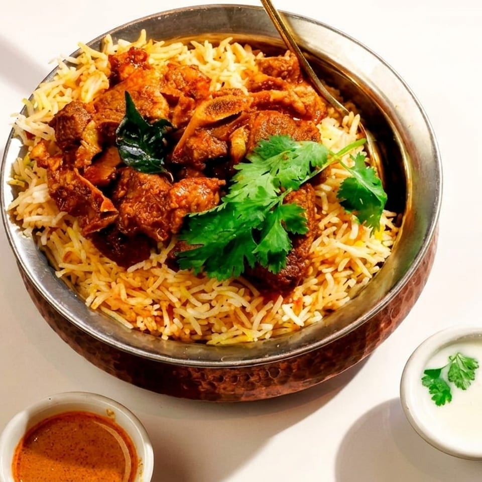 Mutton biryani in a copper bowl with cilantro, served with raita and curry.