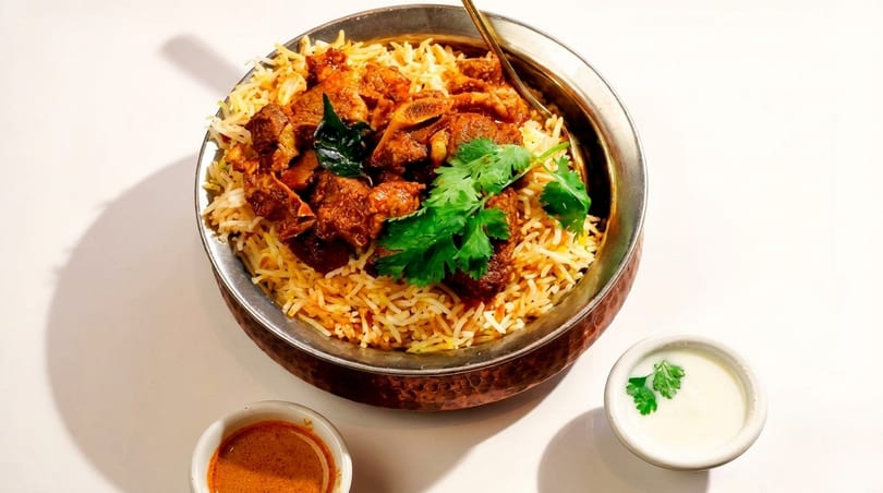 Mutton biryani in a copper bowl with cilantro, served with raita and curry.