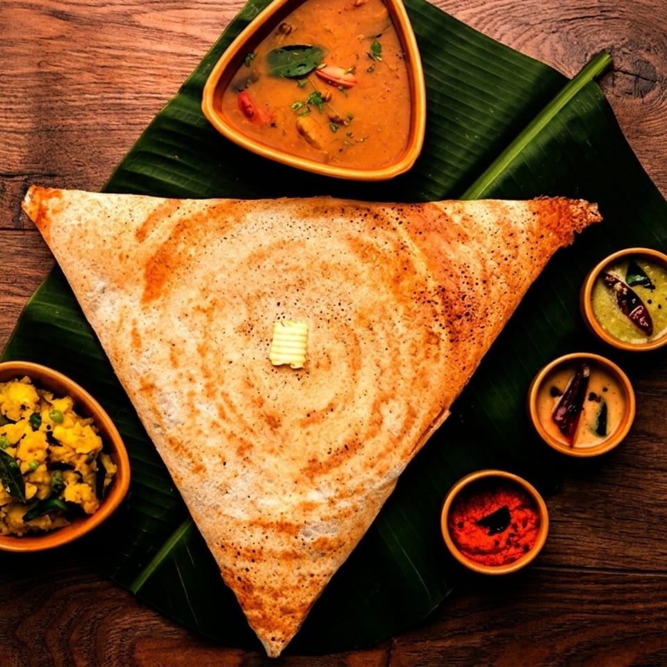 A triangular dosa with butter, served on a banana leaf with sambar, potato curry, and chutneys.