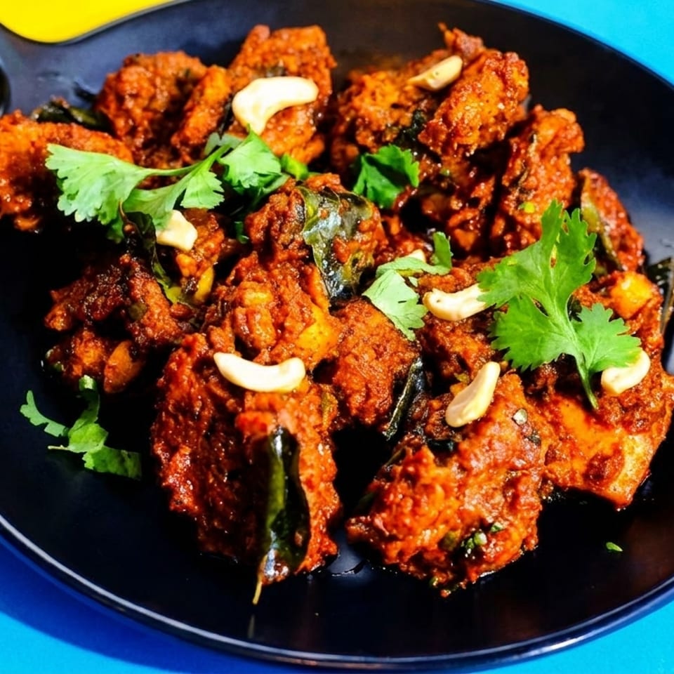 Spicy chicken 65, garnished with cashews and cilantro, served on a black plate.