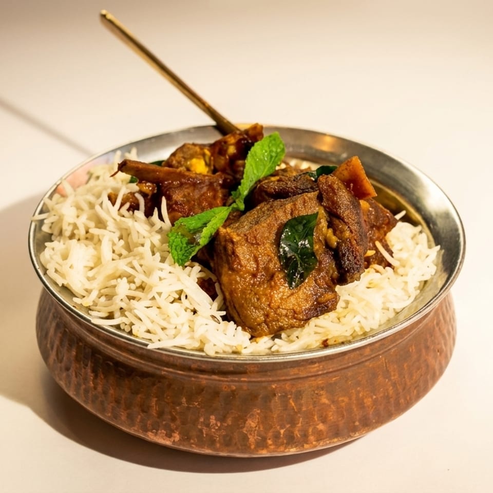 A copper bowl filled with white rice, topped with meat curry and garnished with mint leaves.