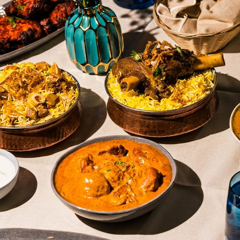 A table laden with various Indian dishes including biryani, curries, tandoori chicken, and noodles.