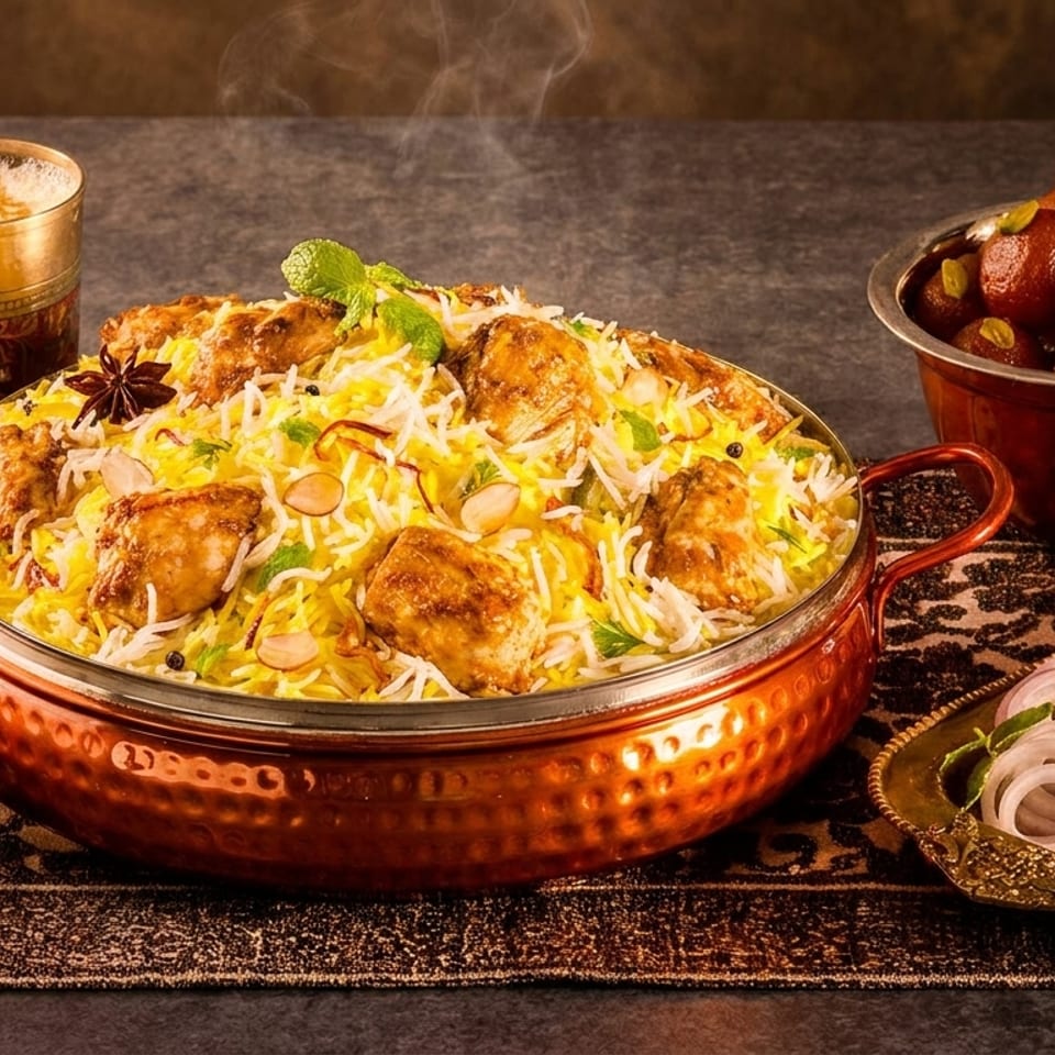 Steaming chicken biryani in a copper pot, with gulab jamun, kebabs, raita, and lassi.