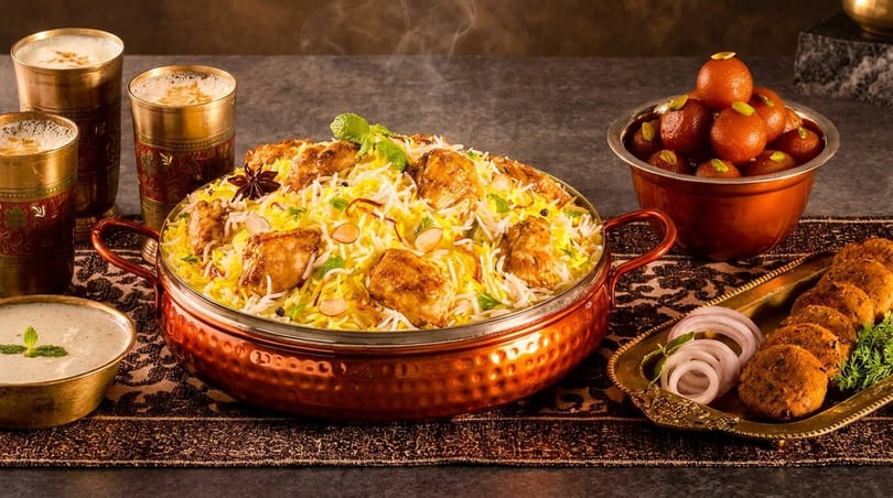 Steaming chicken biryani in a copper pot, with gulab jamun, kebabs, raita, and lassi.