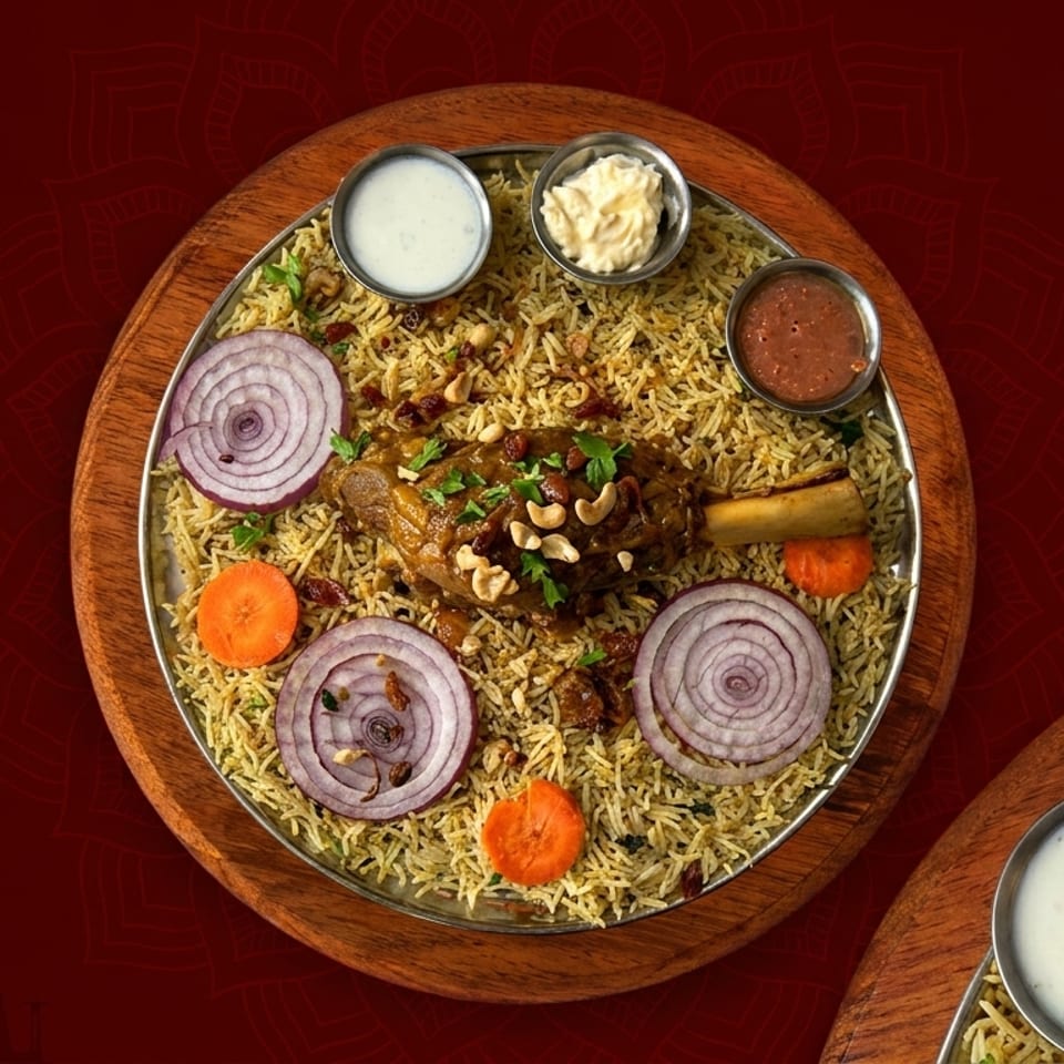 Mandi rice with lamb shank, garnished with cashews, raisins, onions, and carrots, served with sauces.