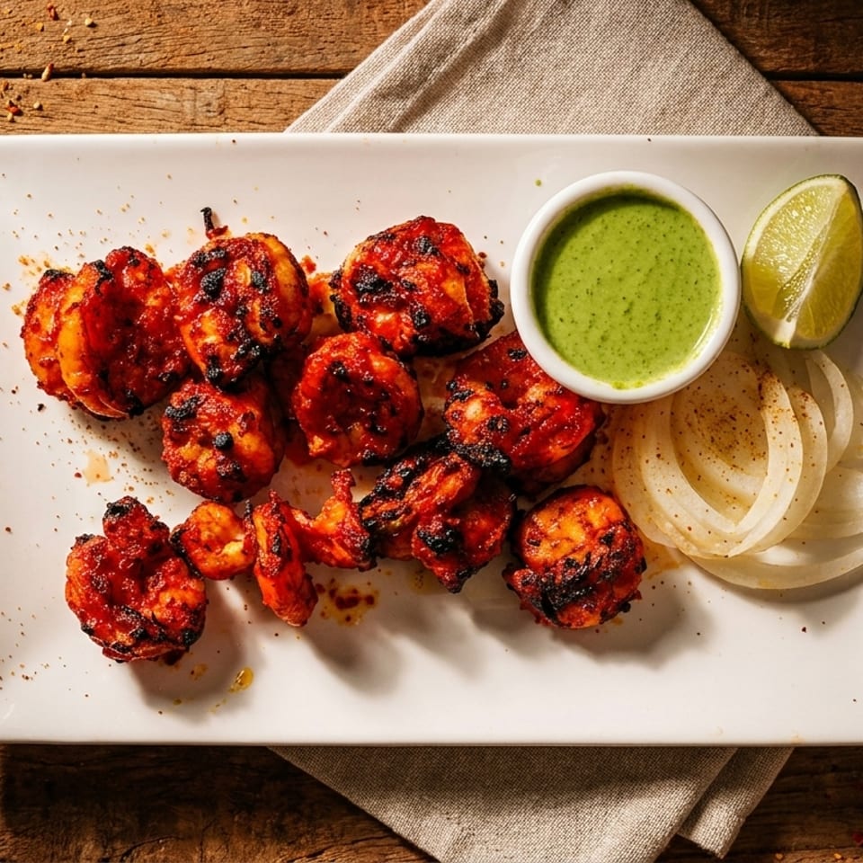 Grilled red shrimp with green sauce, lime, and sliced onions on a white plate.
