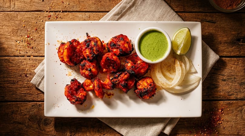 Grilled red shrimp with green sauce, lime, and sliced onions on a white plate.