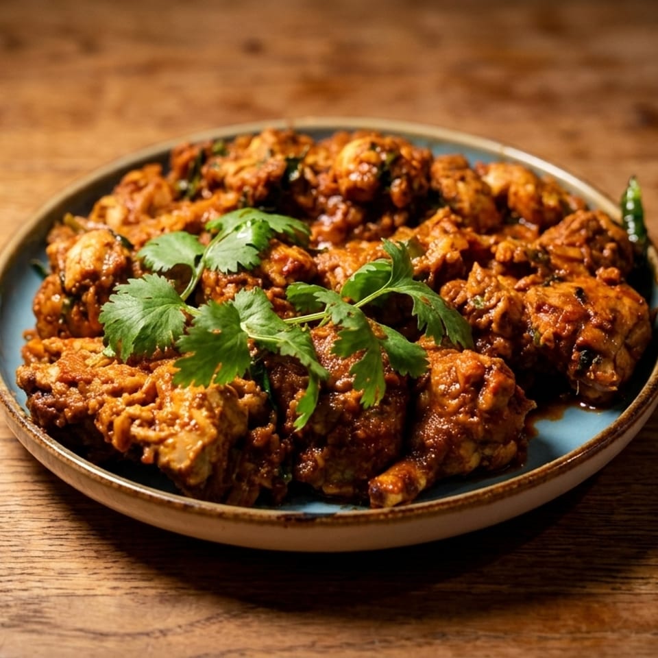A blue plate filled with chicken curry, garnished with fresh cilantro, on a wooden table.