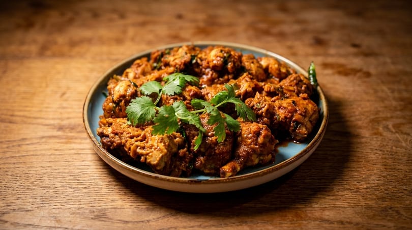 A blue plate filled with chicken curry, garnished with fresh cilantro, on a wooden table.