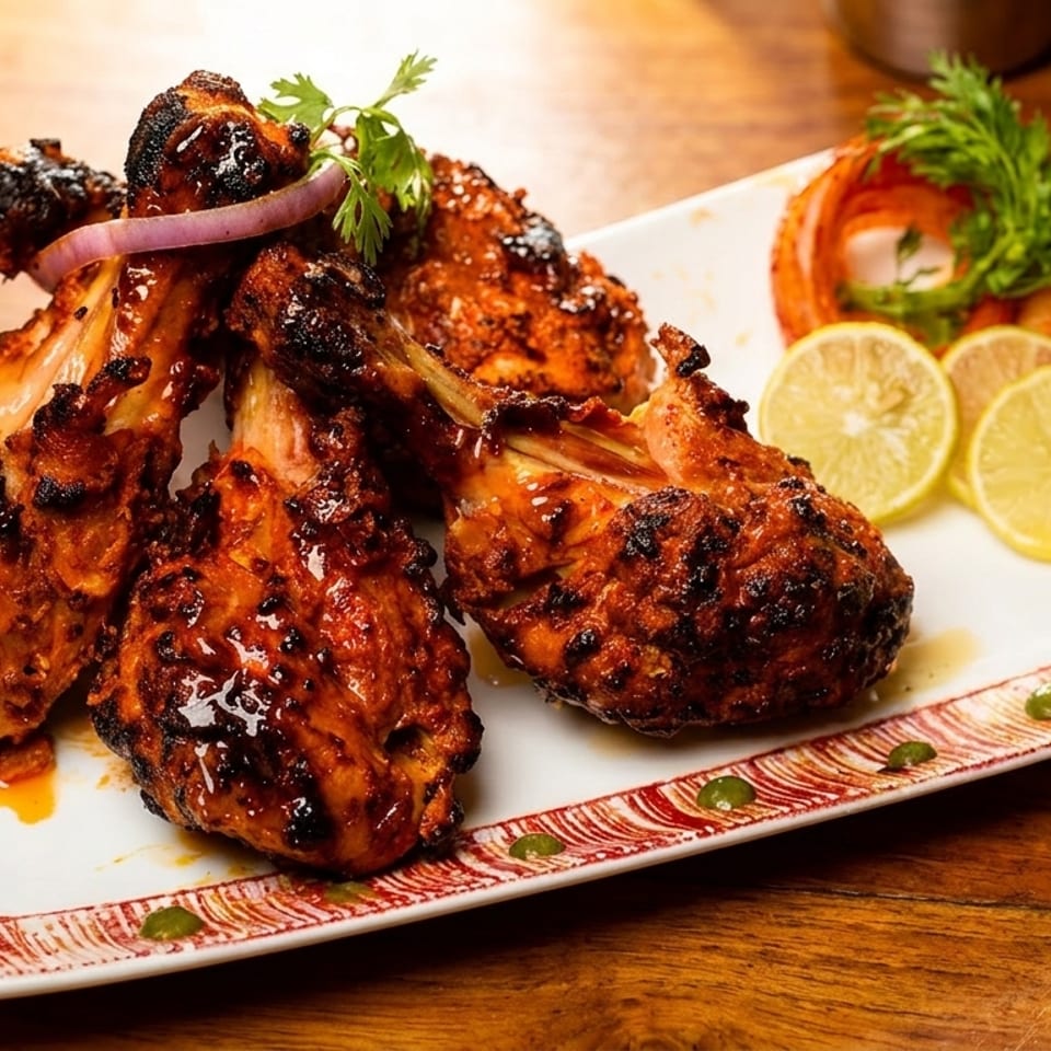 Spicy tandoori chicken drumsticks with lemon slices, onion, and green chutney on a white plate.