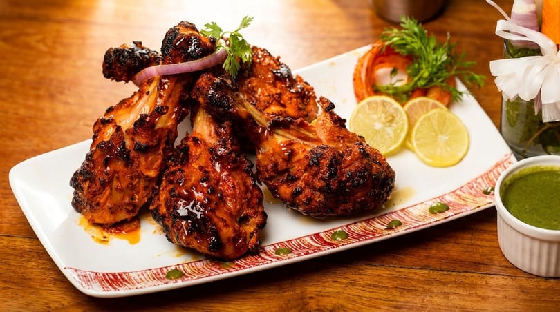 Spicy tandoori chicken drumsticks with lemon slices, onion, and green chutney on a white plate.