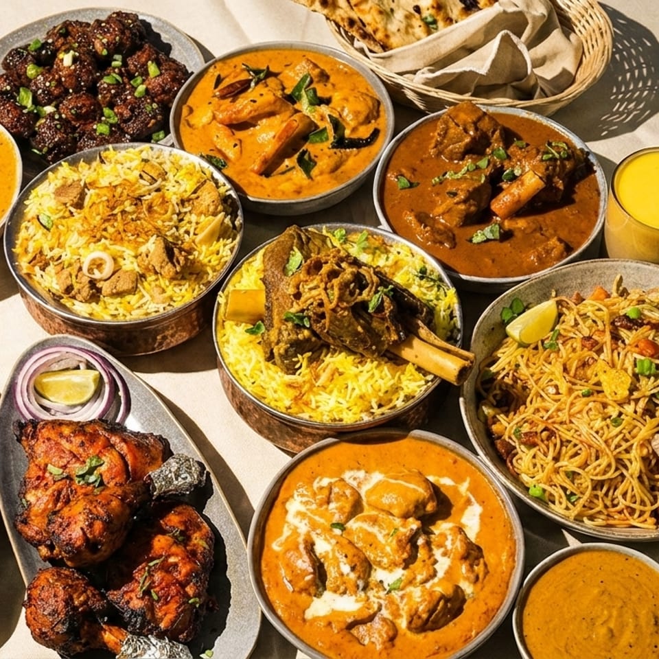 A lavish spread of Indian dishes, including curries, biryani, noodles, and tandoori chicken.