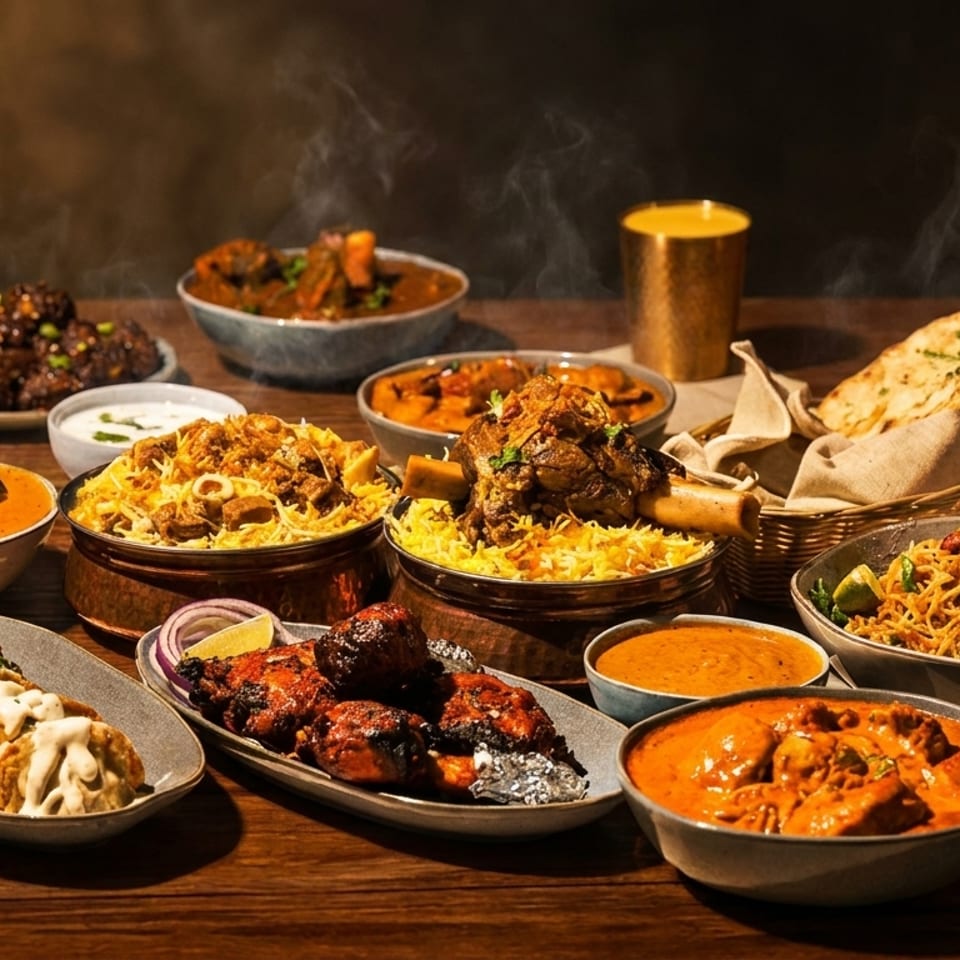 A lavish spread of steaming Indian dishes, including biryani, curries, noodles, and naan, on a wooden table.