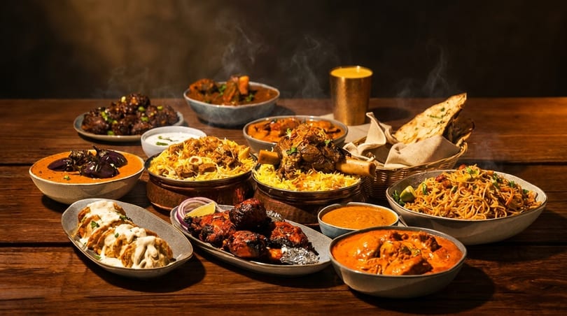 A lavish spread of steaming Indian dishes, including biryani, curries, noodles, and naan, on a wooden table.